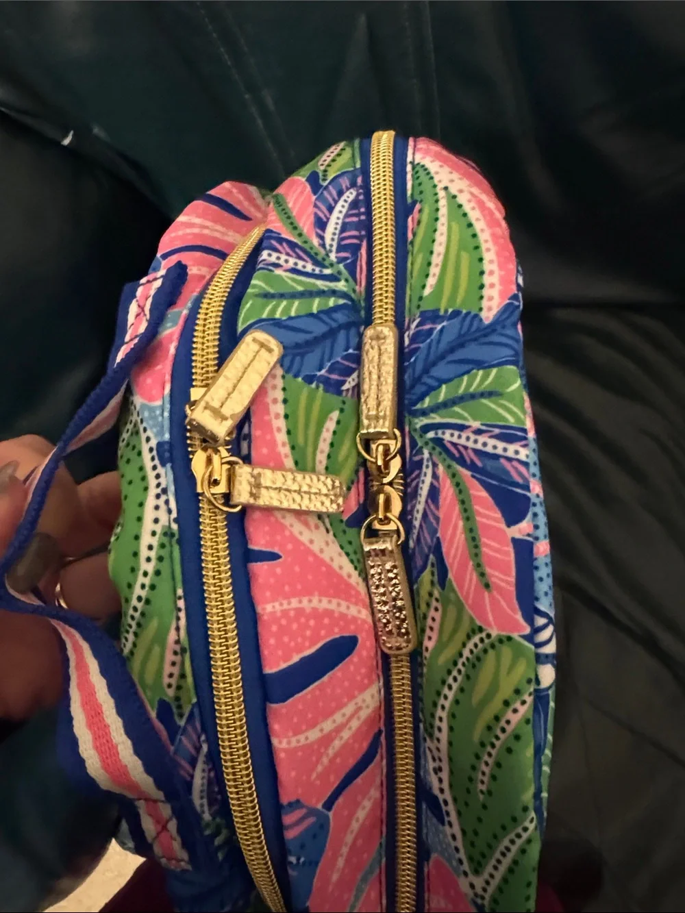 Tropical Leaf Print Backpack in Blue and Pink